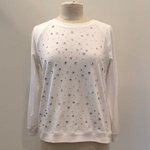 Laura Ashley White Crew Neck Soft Top w Rhinestone Studs /. Womens Size Petite M